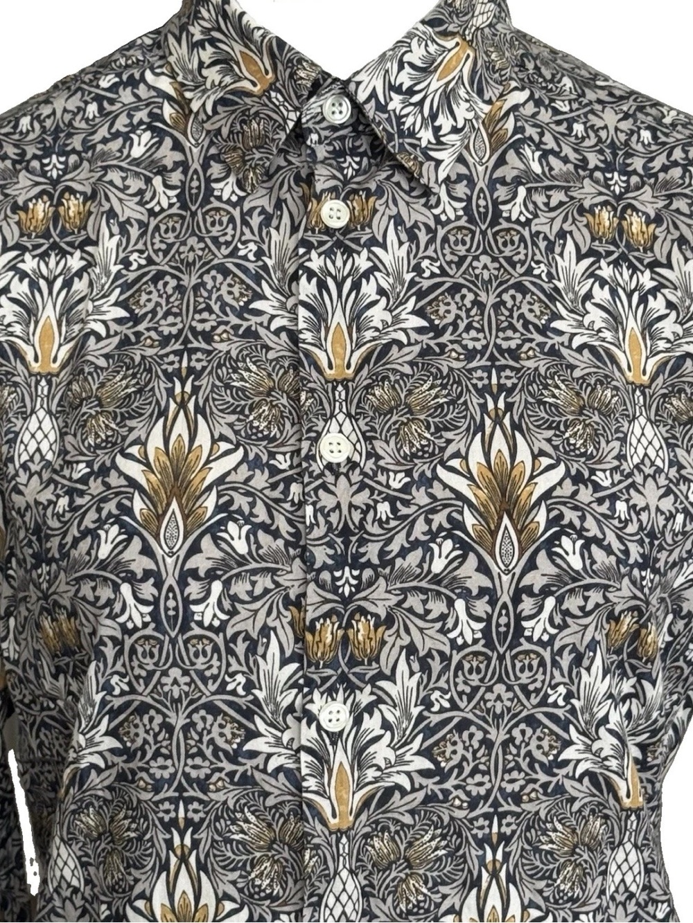 Morris & Co x H&M Button-Down Shirt Men Small Gray White Gold Floral Lyocell